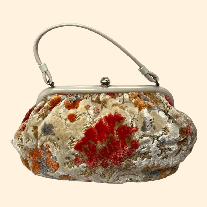 1960s Vintage Floral Velvet Handbag with Cream Frame and Handle Mid Century Purse