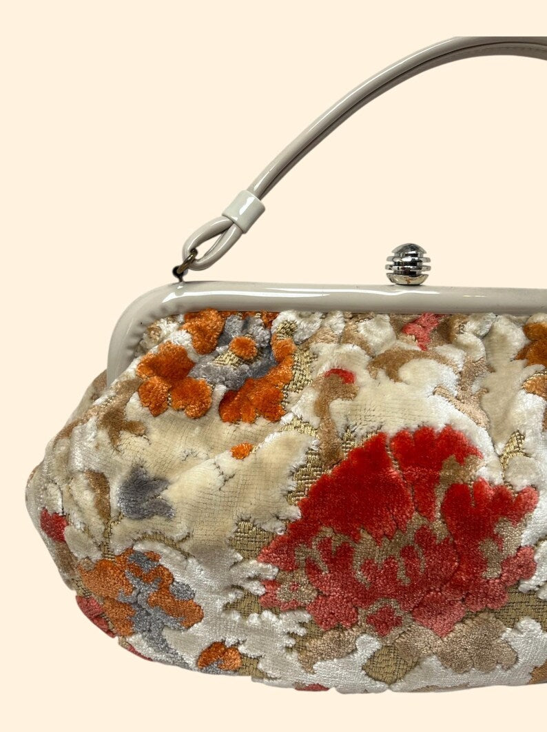 1960s Vintage Floral Velvet Handbag with Cream Frame and Handle Mid Century Purse