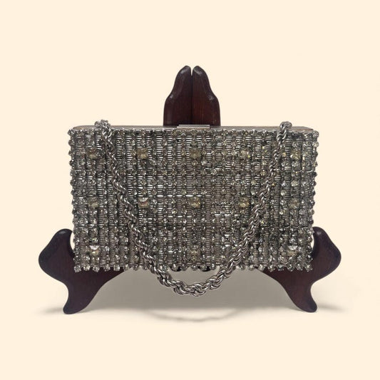 1950-1960 Vintage Evans USA Silver Rhinestone Metal Clutch Evening Bag Gold Interior Vanity Chain Handle