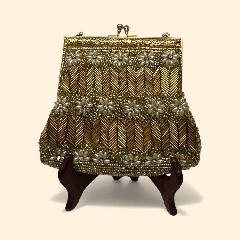 1960s Vintage Gold Beaded Evening Handbag with Floral Pearl Appliqué and Chain Handle