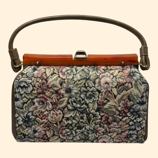 1960s Dover Vintage Floral Tapestry Handbag with Tortoiseshell Lucite Frame and Brown faux Leather Trim