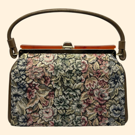 1960s Dover Vintage Floral Tapestry Handbag with Tortoiseshell Lucite Frame and Brown faux Leather Trim
