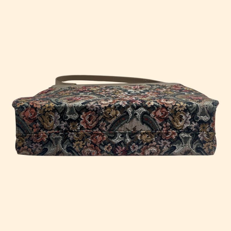1950s–1960s Vintage Floral Tapestry Handbag with Taupe Leather Trim and Gold Frame