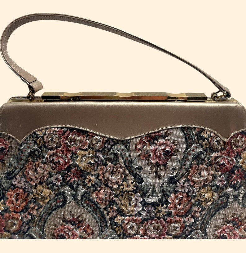 1950s–1960s Vintage Floral Tapestry Handbag with Taupe Leather Trim and Gold Frame