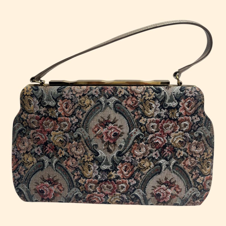 1950s–1960s Vintage Floral Tapestry Handbag with Taupe Leather Trim and Gold Frame