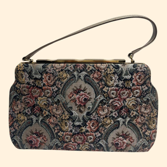1950s–1960s Vintage Floral Tapestry Handbag with Taupe Leather Trim and Gold Frame
