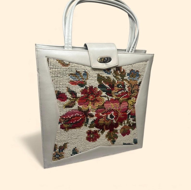 1960s Vintage Floral Needlepoint Handbag with Ivory Beige Leather Trim and Gold Clasp Mid Century Purse