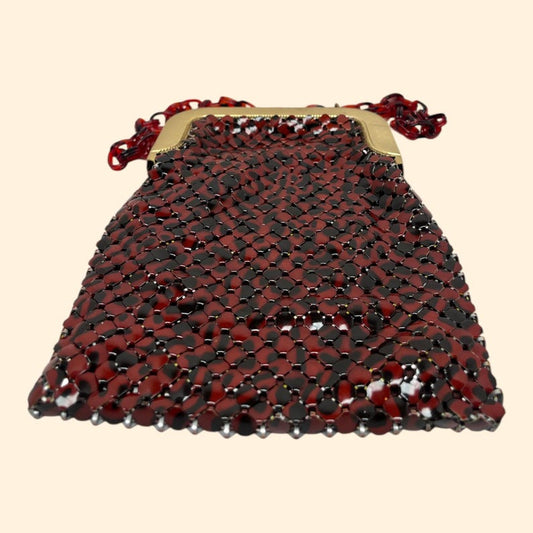 1950s–1960s Whiting & Davis USA Vintage Burgundy and Black Enamel Mesh Evening Purse with Tortoiseshell Lucite Chain