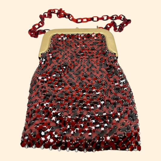 1950s–1960s Whiting & Davis USA Vintage Burgundy and Black Enamel Mesh Evening Purse with Tortoiseshell Lucite Chain