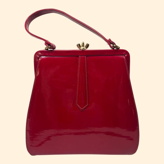 1960s Vintage cherry Red Patent Leather Handbag Structured Frame Mid Century Purse