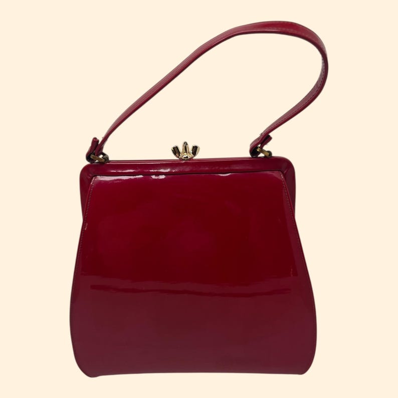 1960s Vintage cherry Red Patent Leather Handbag Structured Frame Mid Century Purse