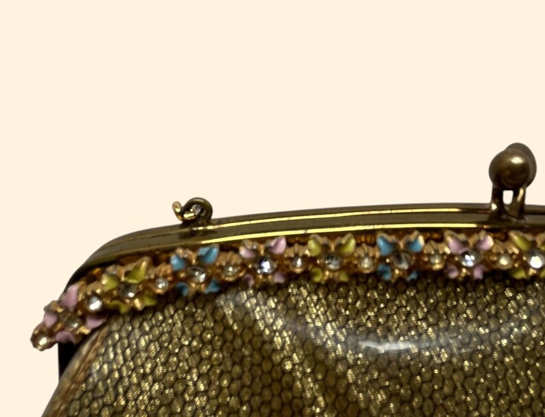 1960s Saks Fifth Avenue Gold Vinyl Handbag with Clear Sides and Rhinestone Floral Frame Mid Century Purse