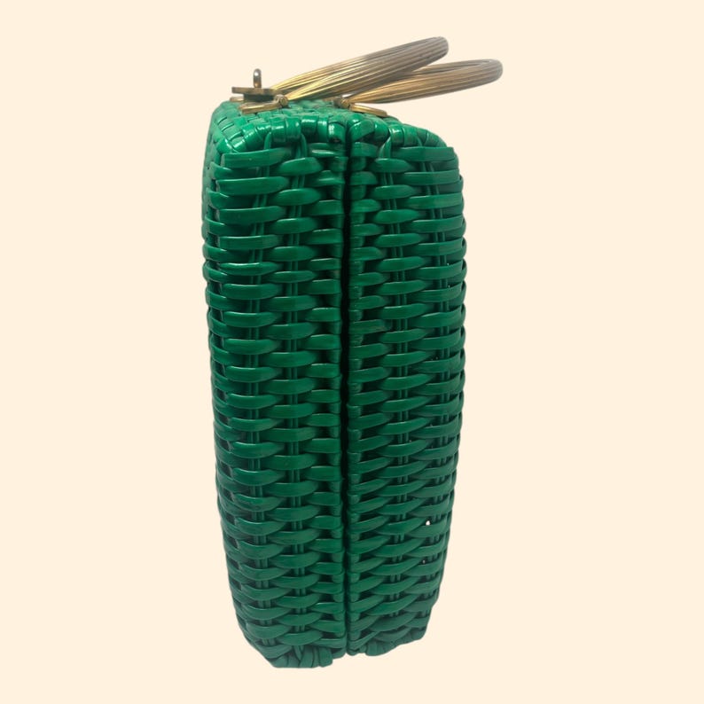1960s Wicka Weave for Jana Vintage Green Woven Plastic Box Handbag Made in Hong Kong Mid Century Purse