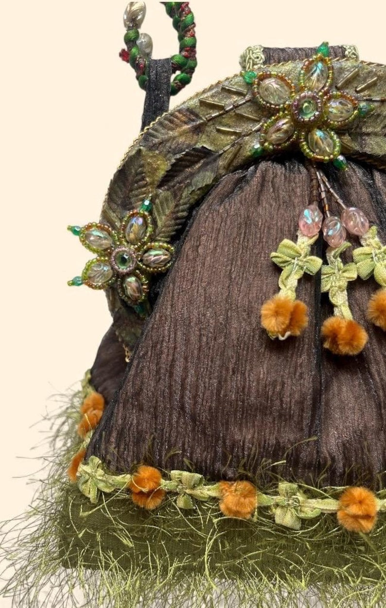 Mary Frances Vintage Brown Green Beaded Floral Embellished Handbag with Braided Handle and Fringe Trim