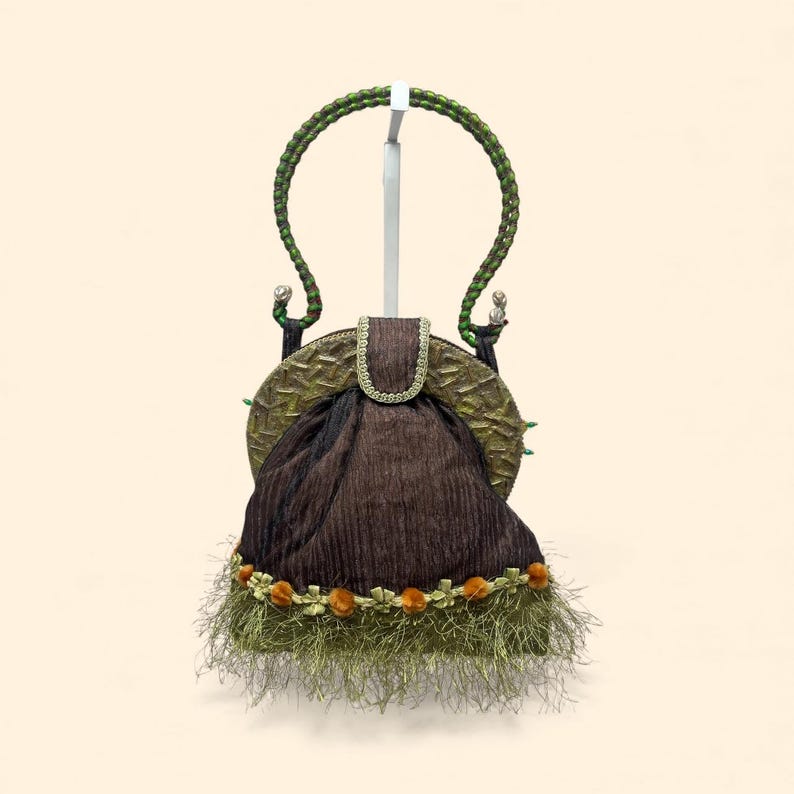 Mary Frances Vintage Brown Green Beaded Floral Embellished Handbag with Braided Handle and Fringe Trim