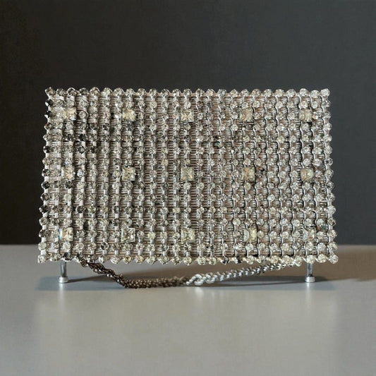 1950-1960 Vintage Evans USA Silver Rhinestone Metal Clutch Evening Bag Gold Interior Vanity Chain Handle