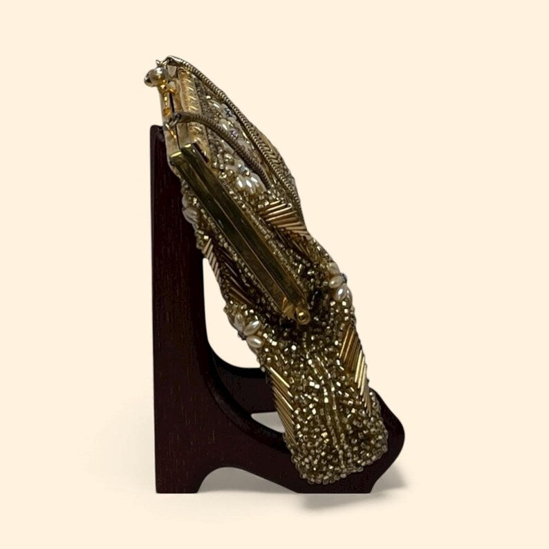 1960s Vintage Gold Beaded Evening Handbag with Floral Pearl Appliqué and Chain Handle