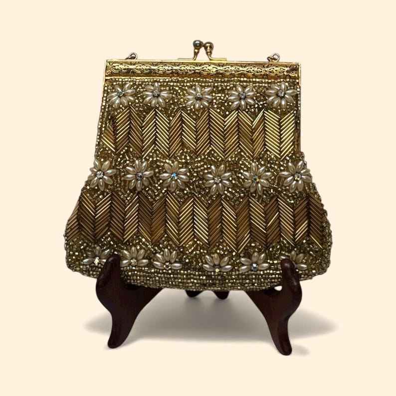 1960s Vintage Gold Beaded Evening Handbag with Floral Pearl Appliqué and Chain Handle