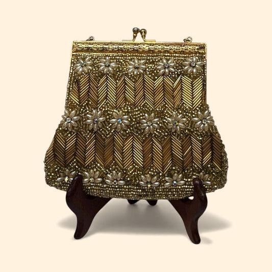1960s Vintage Gold Beaded Evening Handbag with Floral Pearl Appliqué and Chain Handle