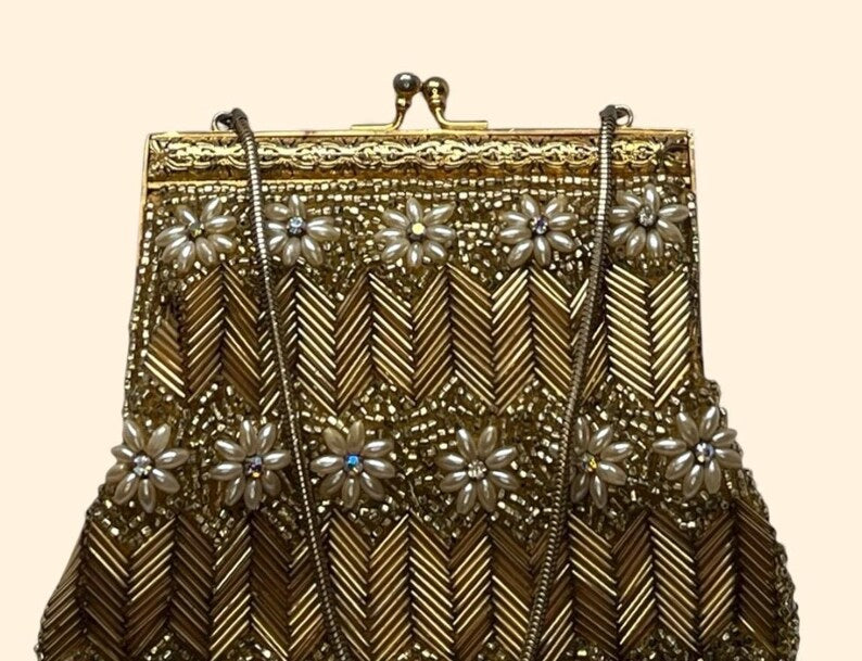 1960s Vintage Gold Beaded Evening Handbag with Floral Pearl Appliqué and Chain Handle