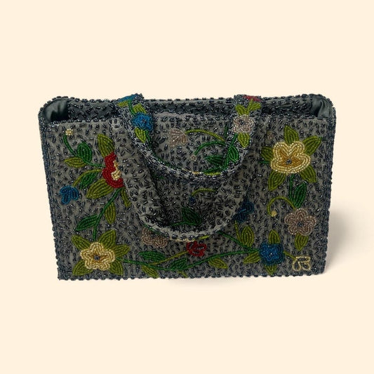 1950s–1960s Pierre Urbach Vintage Beaded Floral Handbag Gray Multicolor High-Quality Beadwork Evening Purse