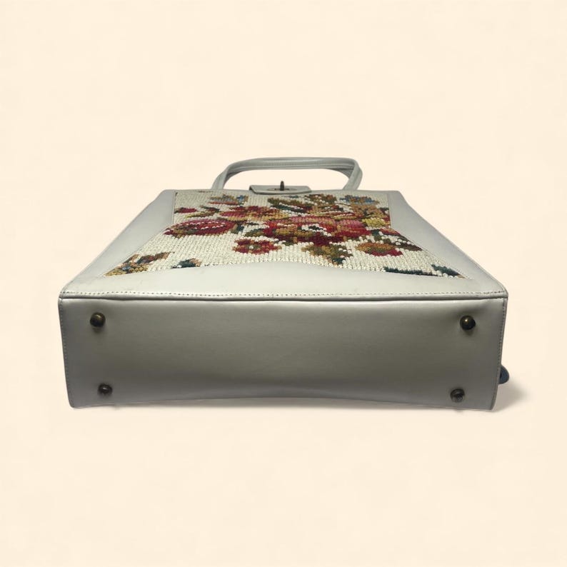 1960s Vintage Floral Needlepoint Handbag with Ivory Beige Leather Trim and Gold Clasp Mid Century Purse