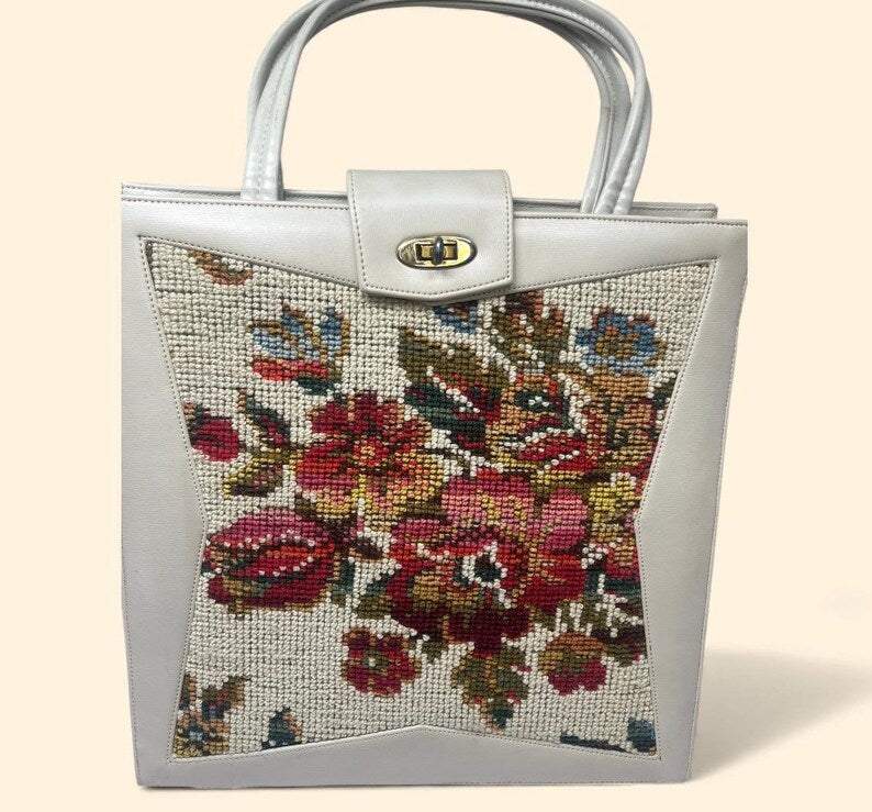 1960s Vintage Floral Needlepoint Handbag with Ivory Beige Leather Trim and Gold Clasp Mid Century Purse