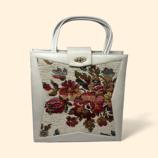 1960s Vintage Floral Needlepoint Handbag with Ivory Beige Leather Trim and Gold Clasp Mid Century Purse