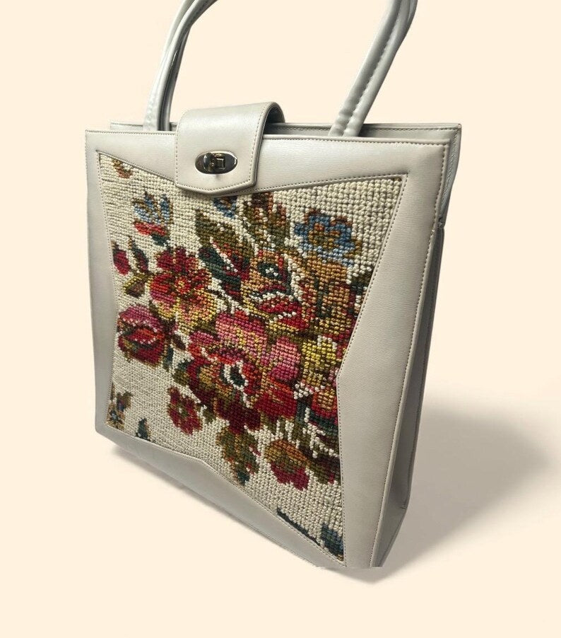 1960s Vintage Floral Needlepoint Handbag with Ivory Beige Leather Trim and Gold Clasp Mid Century Purse