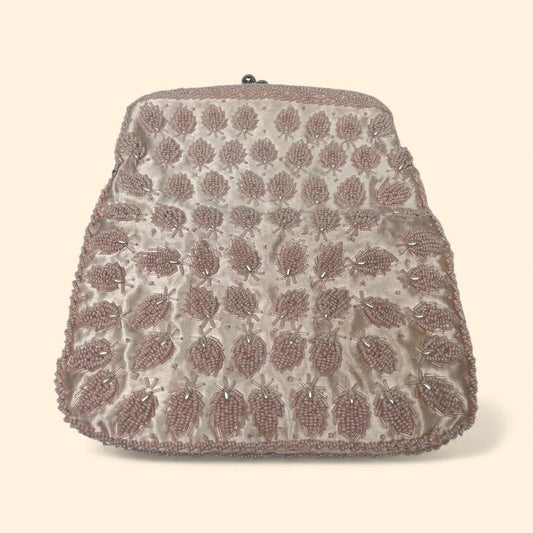 1950s- 1960s Vintage Soft Pink Beaded Satin Evening Clutch Purse with Kiss-Lock Beaded Floral Bag