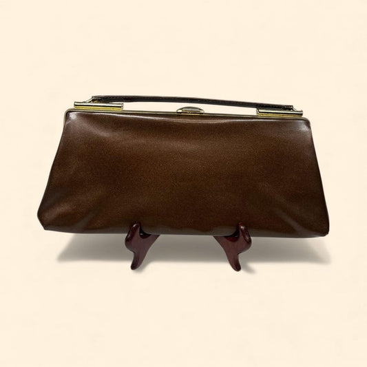 1960s Vintage Brown Patent Leather Clutch Purse Gold Frame Evening Handbag