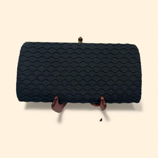 1960 Town & Country Black Textured Evening Clutch Purse Gold Frame Vintage Bag