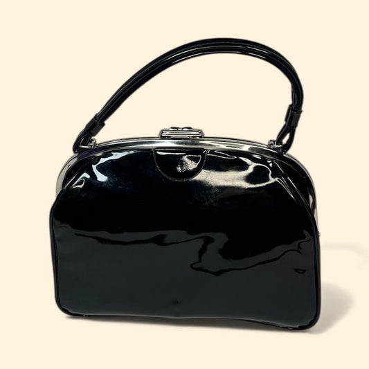 1950s 1960s Dova USA Black Patent Handbag Silver Frame Structured Top Handle Purse