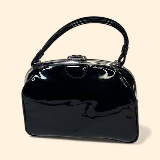 1950s 1960s Dova USA Black Patent Handbag Silver Frame Structured Top Handle Purse